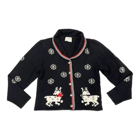 Susan Bristol Reindeer Cardigan Sweater‎ Long Sleeves Sz Small Holiday Christmas - Picture 1 of 10